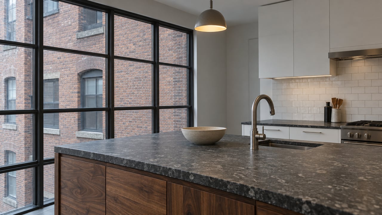 Compact condominium kitchen with a dark granite island, walnut cabinets, and black-framed windows facing red brick.