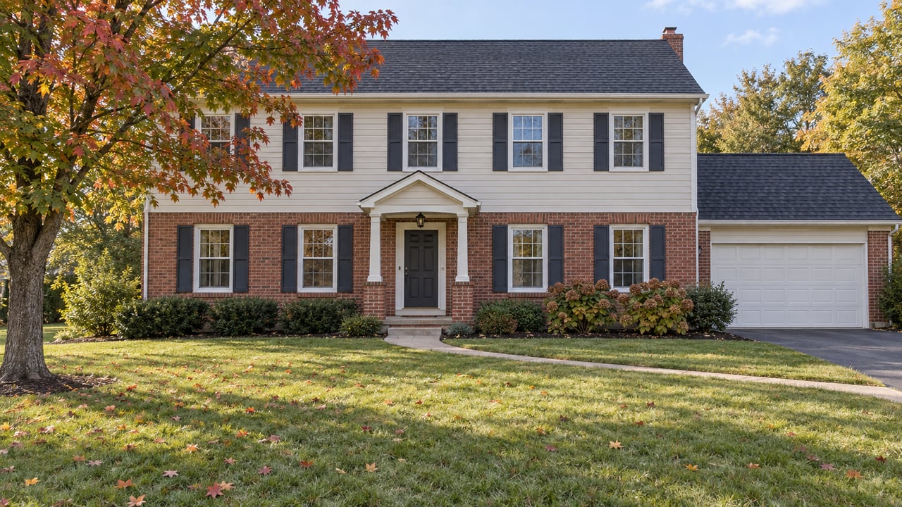 Two-story brick and ivory-sided home behind a broad autumn lawn, with a covered entry and mature red maple.