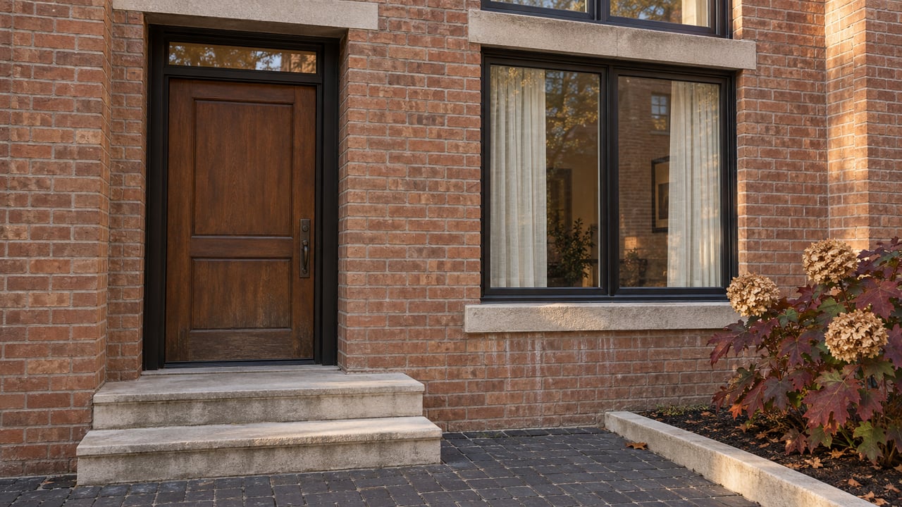 Warm brick townhome entry with a walnut door, black-framed window, worn limestone steps, and burgundy oakleaf hydrangea.
