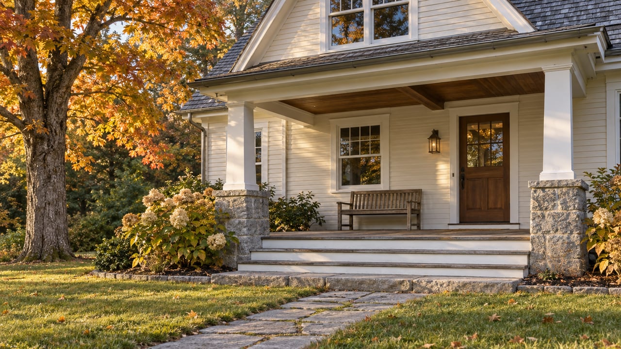 Cream clapboard home with a deep timber porch, granite column bases, a stone walk and golden autumn maple leaves.