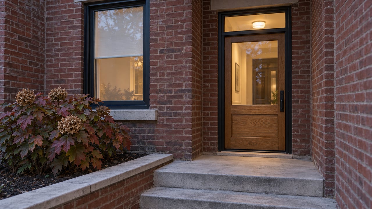 A warmly lit oak-and-glass entrance in a red-brick residential facade, with limestone steps and copper-colored oakleaf hydrangea leaves.