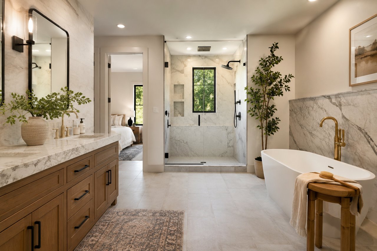 A luxurious modern bathroom featuring a freestanding soaking tub, oversized marble walk-in shower, custom wood vanity, premium brass fixtures, and abundant natural light, showcasing timeless luxury bathroom design trends.