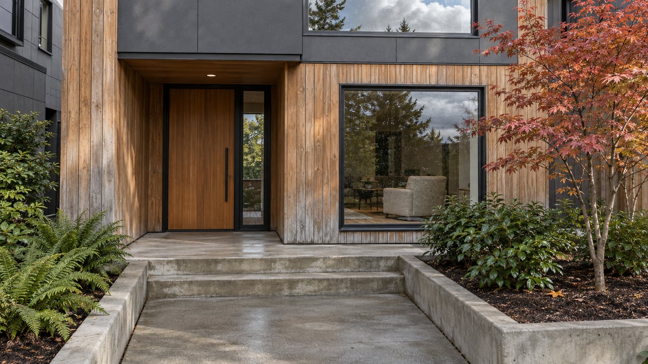 Cedar-clad townhouse entry with dark-framed windows, concrete steps, a copper-leaved Japanese maple, sword ferns, and evergreen huckleberry.
