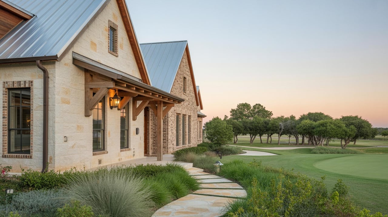 Stone clubhouse with metal roofs beside a curving path and landscaped golf course at sunset.