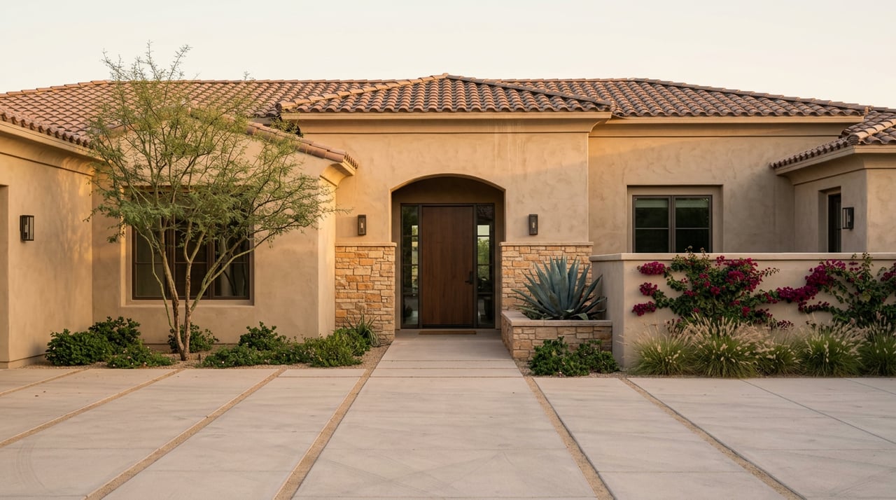 Mediterranean-style home with arched entry, stone accents, desert plants, and a broad paved motor court.