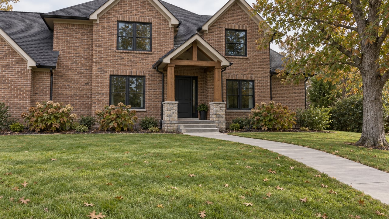 Brick home with dark gables, black-framed windows, a covered entry and a deep autumn lawn beside a white oak.