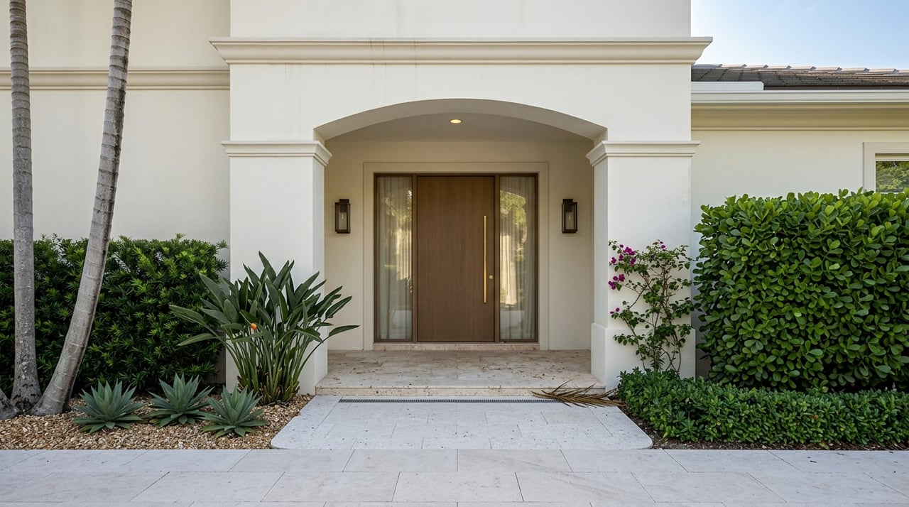 Private estate entry loggia framed by manicured hedges.
