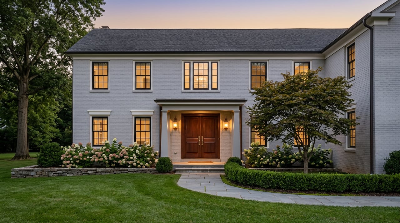 Two-story gray brick home with glowing windows, a covered entry, and a bluestone path through a clipped lawn.