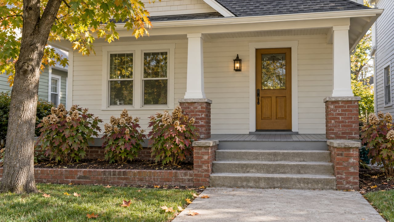 Cream clapboard house with a brick-supported porch, a honey-brown front door, and oakleaf hydrangeas beside a concrete walk.