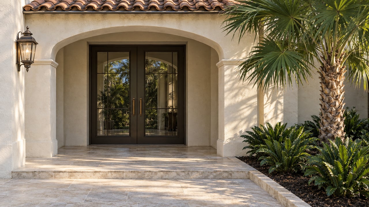 Ivory stucco home entrance with paired bronze-framed glass doors, terracotta roof tiles, limestone steps and a fan palm.