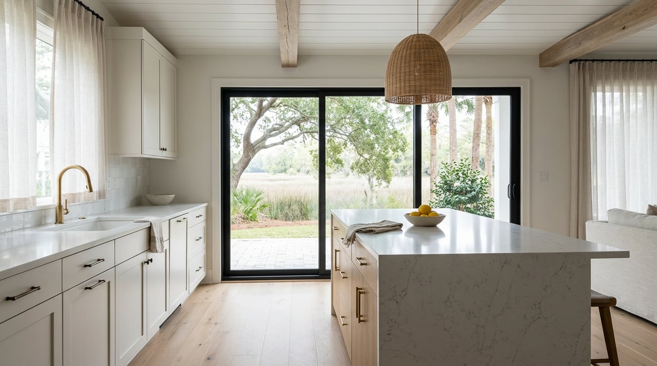 Open kitchen with a veined quartz island, oak cabinetry, cypress beams, and a glass door opening toward marsh vegetation.