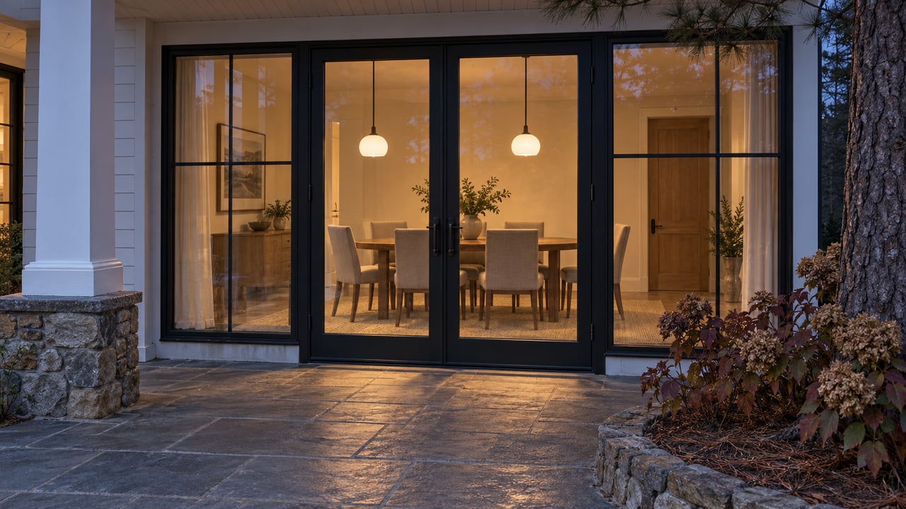 Warmly illuminated dining room behind black-framed glass doors, opening visually onto a stone terrace with autumn oakleaf hydrangeas.