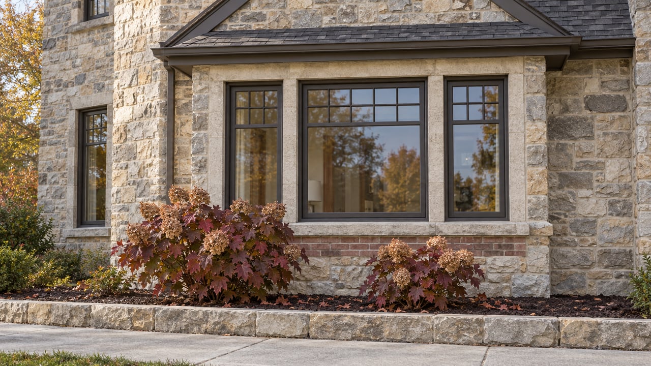 Limestone and brick window bay with dark bronze frames above two burgundy-leaved oakleaf hydrangeas and a stone-edged garden bed.