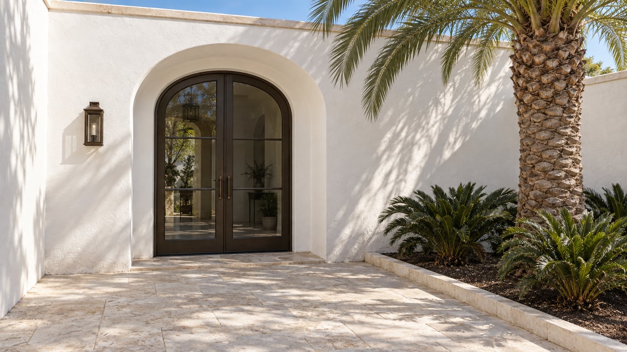 White stucco courtyard with an arched bronze-framed double door, pale stone paving, and a palm in a raised bed.