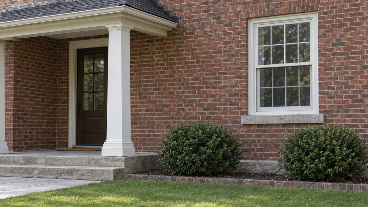 Brick house façade with a white porch column, glazed front door, six-over-six window, and limestone steps.