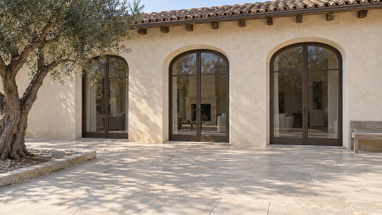 Sunlit limestone terrace beside an ivory plaster home with arched bronze-framed glass doors, clay roof tiles, a teak bench and a mature olive tree.