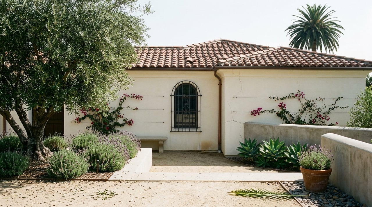 Stucco courtyard with an arched iron-grilled window, tile roof, olive tree, lavender, and agaves.