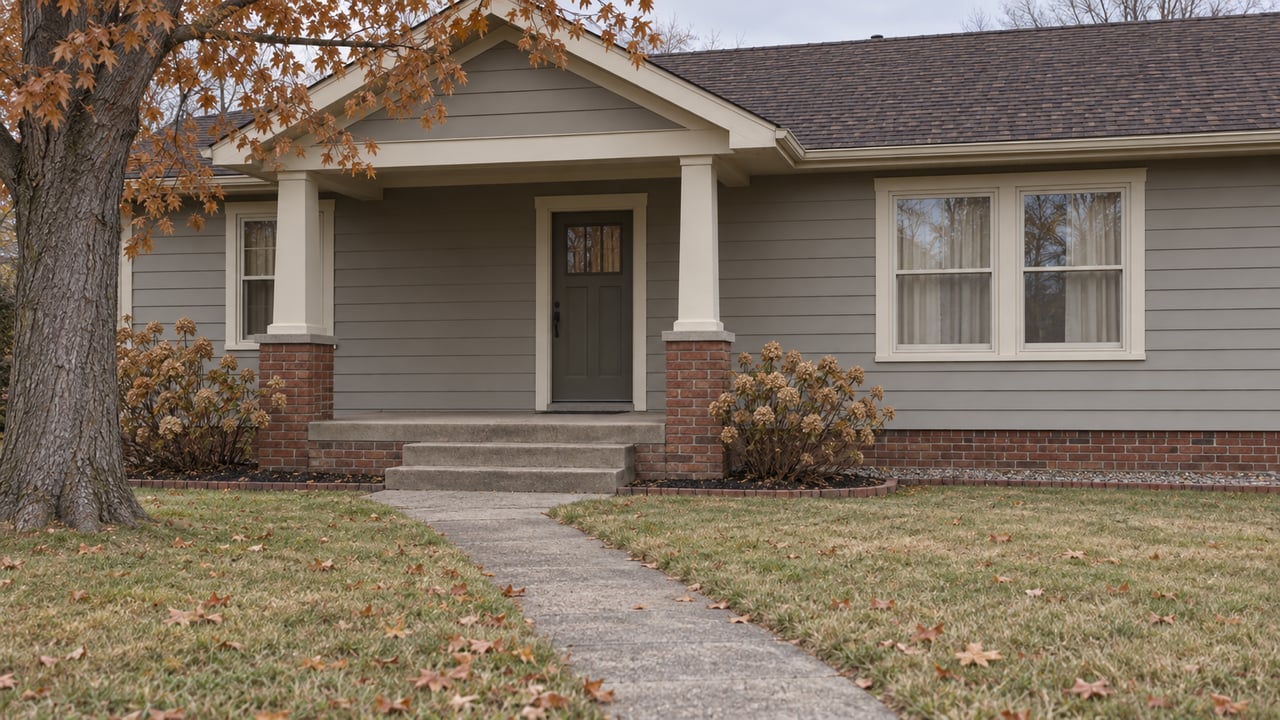 A modest gray gabled home with a covered brick-and-concrete porch, a deep dormant lawn and sparse copper maple leaves.