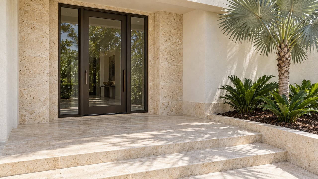 Sunlit limestone steps lead to a bronze-framed glass entry beneath an ivory stucco overhang, beside a silver palm and coontie planting.