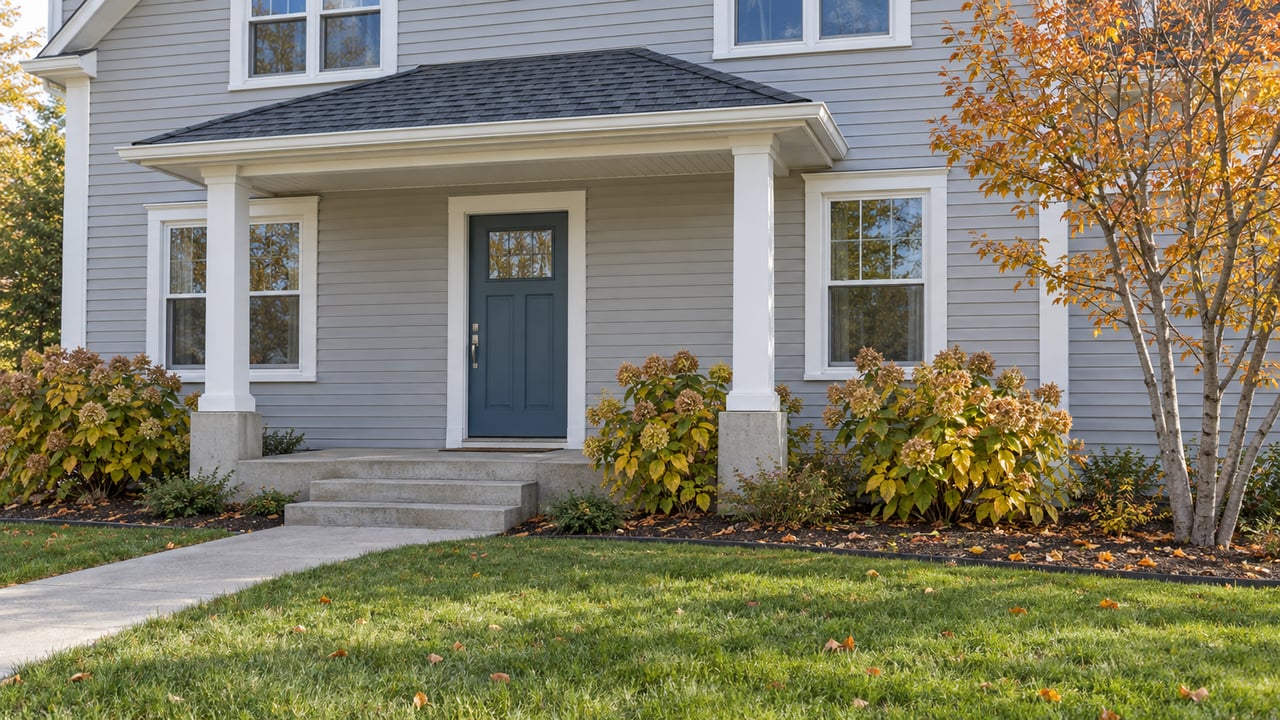 Light-gray two-story home with a blue front door, covered porch, concrete approach and autumn planting.