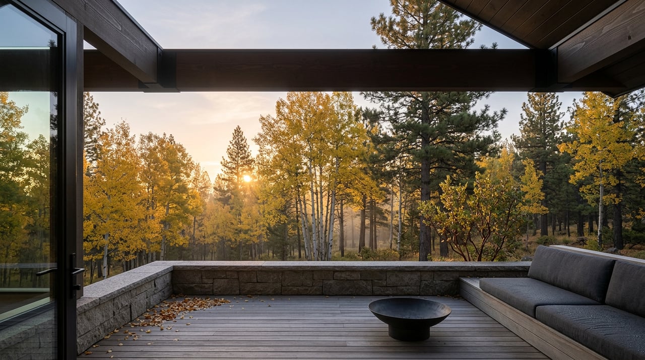 Golden aspen and dark pines beyond a covered terrace, with a steel fire bowl on the deck.