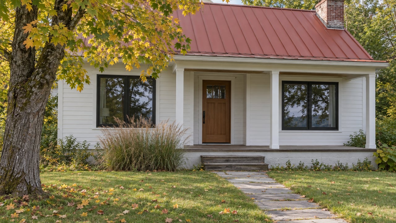 White clapboard cottage with red metal roof, yellowing maple, and stone walkway across the lawn.