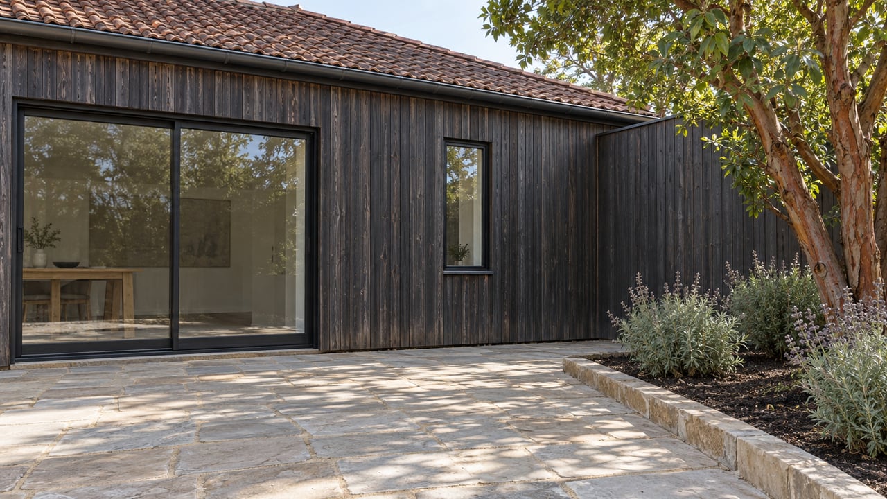Dark cedar-clad home with closed glass doors beside a sandstone terrace and a strawberry tree.