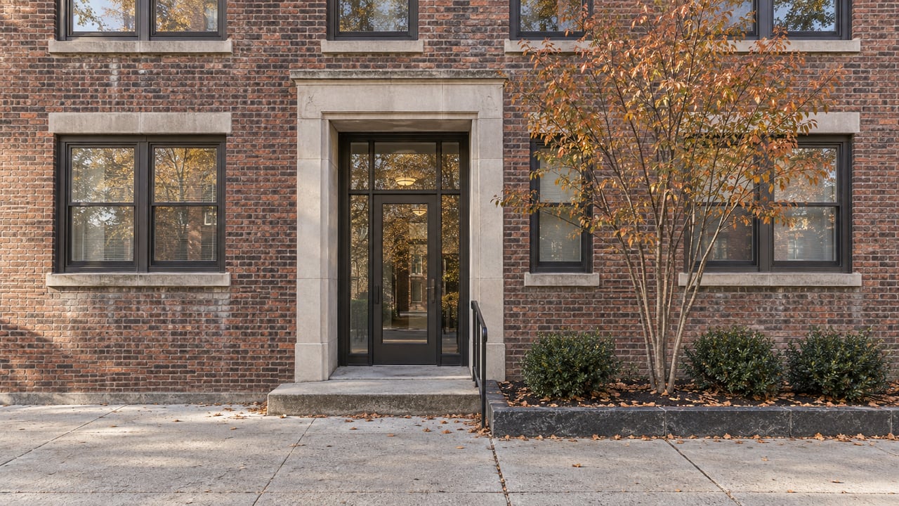 Three-story red-brick apartment facade with dark windows, recessed glass entrance, and a small tree in a raised bed.