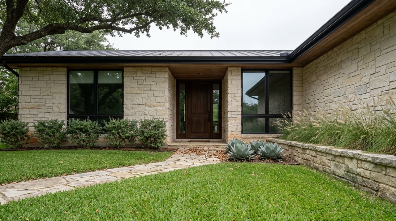 Modern limestone home with black-framed windows, a flagstone path, native plants, and a broad oak canopy.