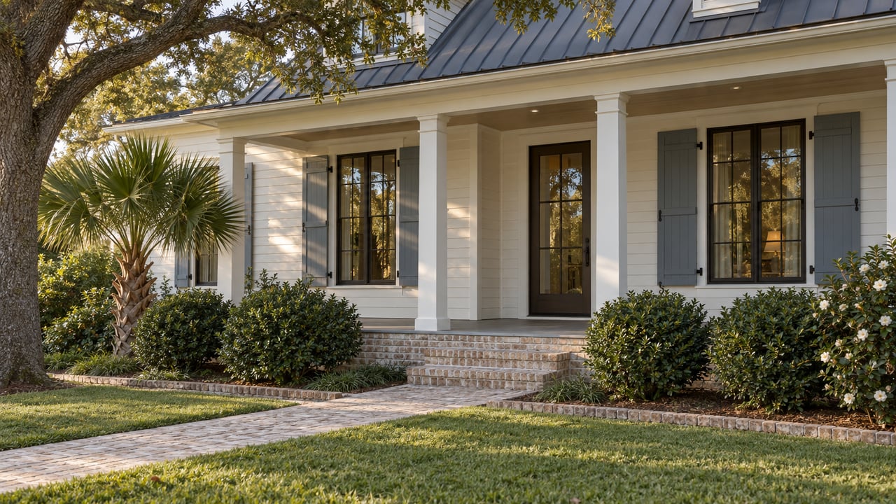 Warm-white clapboard house with a covered porch, blue-gray shutters, brick walk, and mature oak canopy.