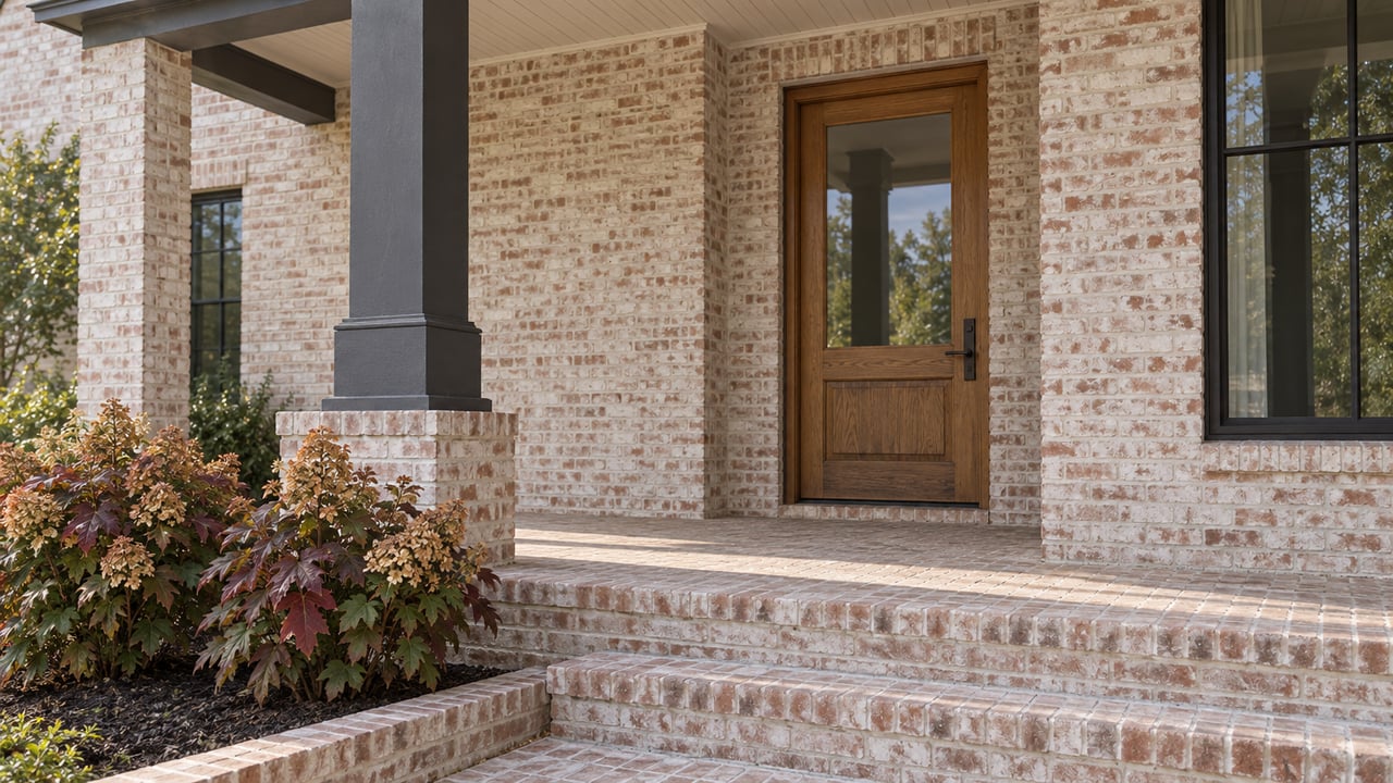 Covered front porch with limewashed brick, a glazed oak door, charcoal timber supports and oakleaf hydrangeas beside broad brick steps.