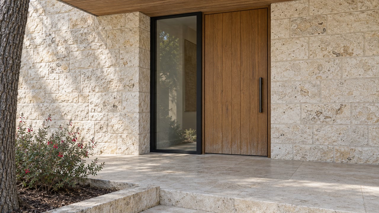 Sheltered timber front door and black-framed sidelight set in pale limestone, above a stone landing and a small flowering sage bed.