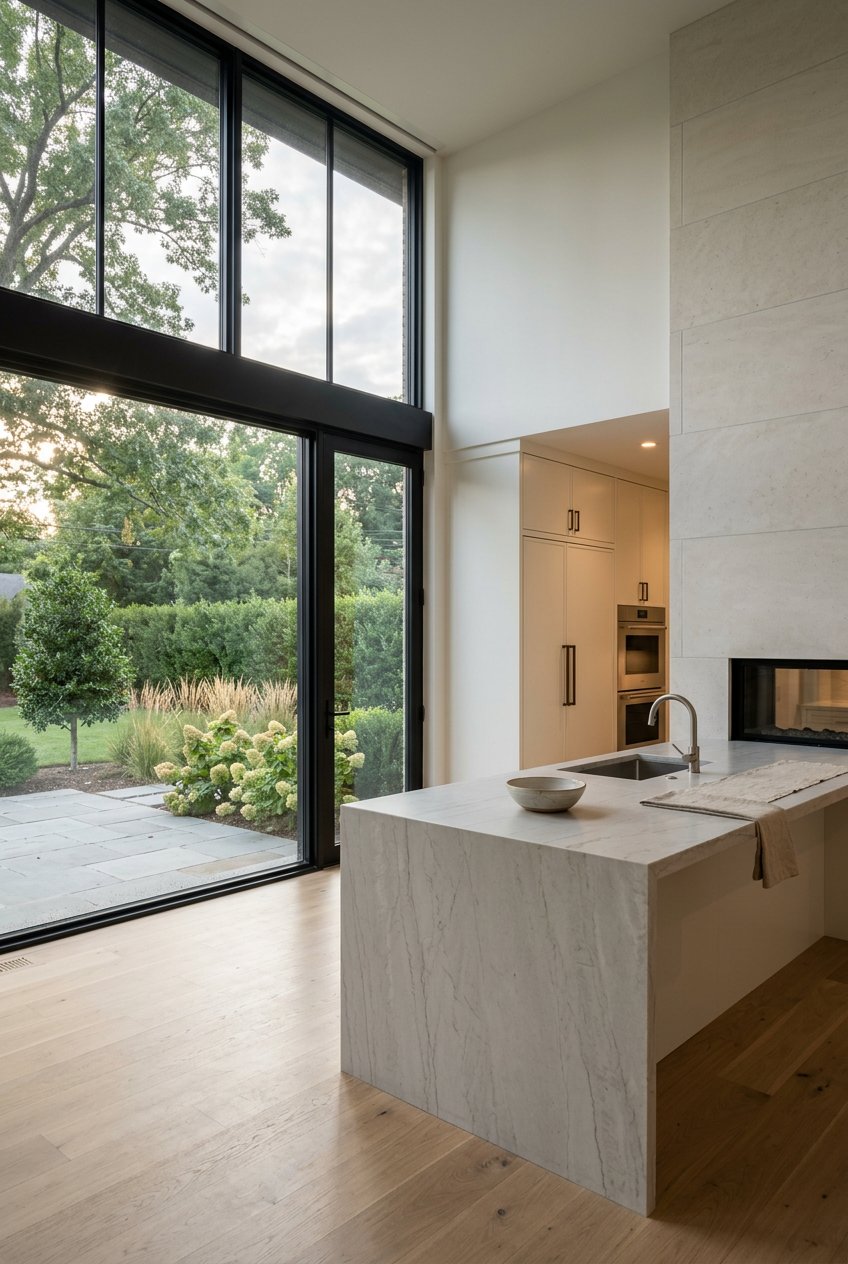 Great room with a waterfall kitchen island, black-framed windows, and a bluestone terrace.