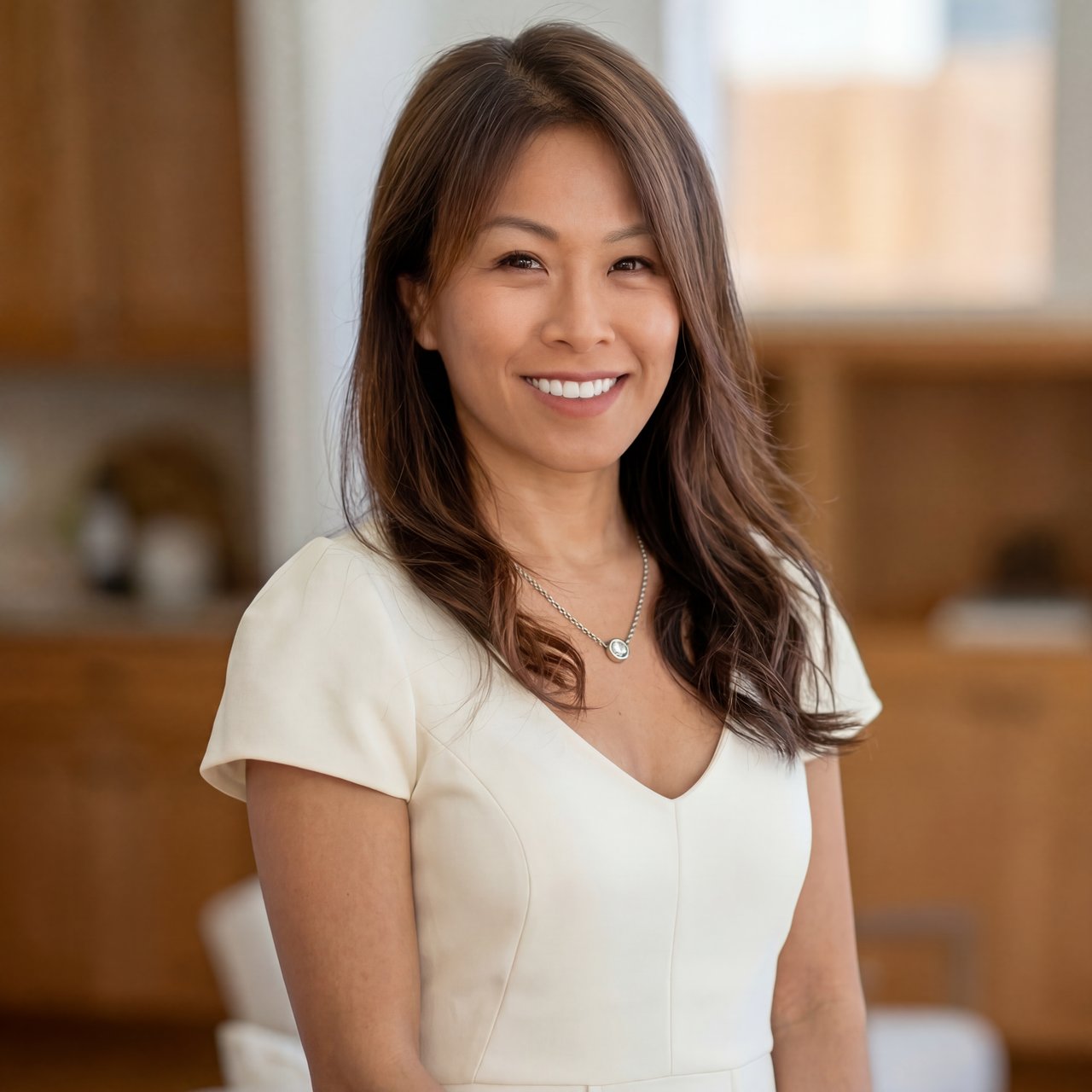 Raquel Refuerzo, Houston real estate agent, smiling in cream top with kitchen background