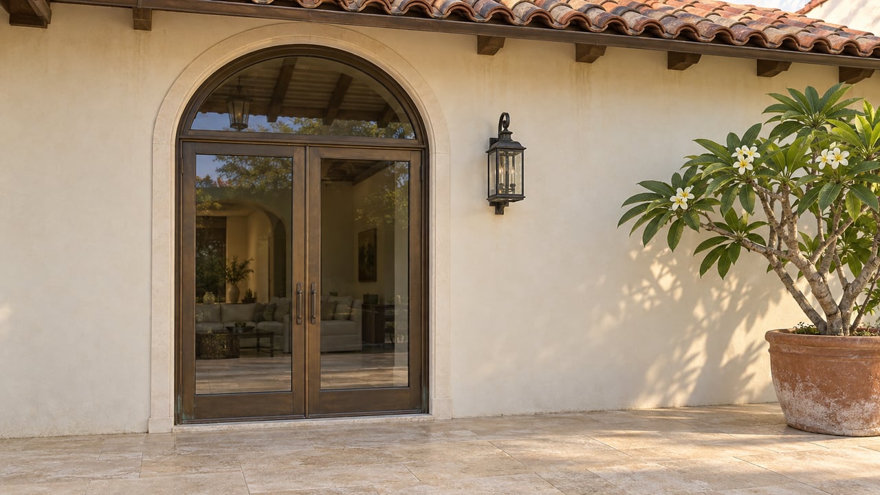 Cream stucco terrace with closed arched bronze-framed doors, terracotta roof tiles, limestone paving, and one flowering frangipani in a clay planter.