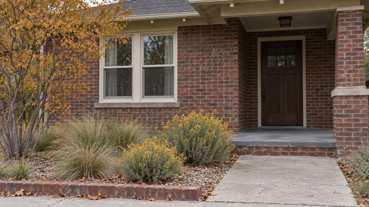 Red-brown brick bungalow with a recessed wooden entry, paired window, and small garden of amber-leaved tree and grasses.