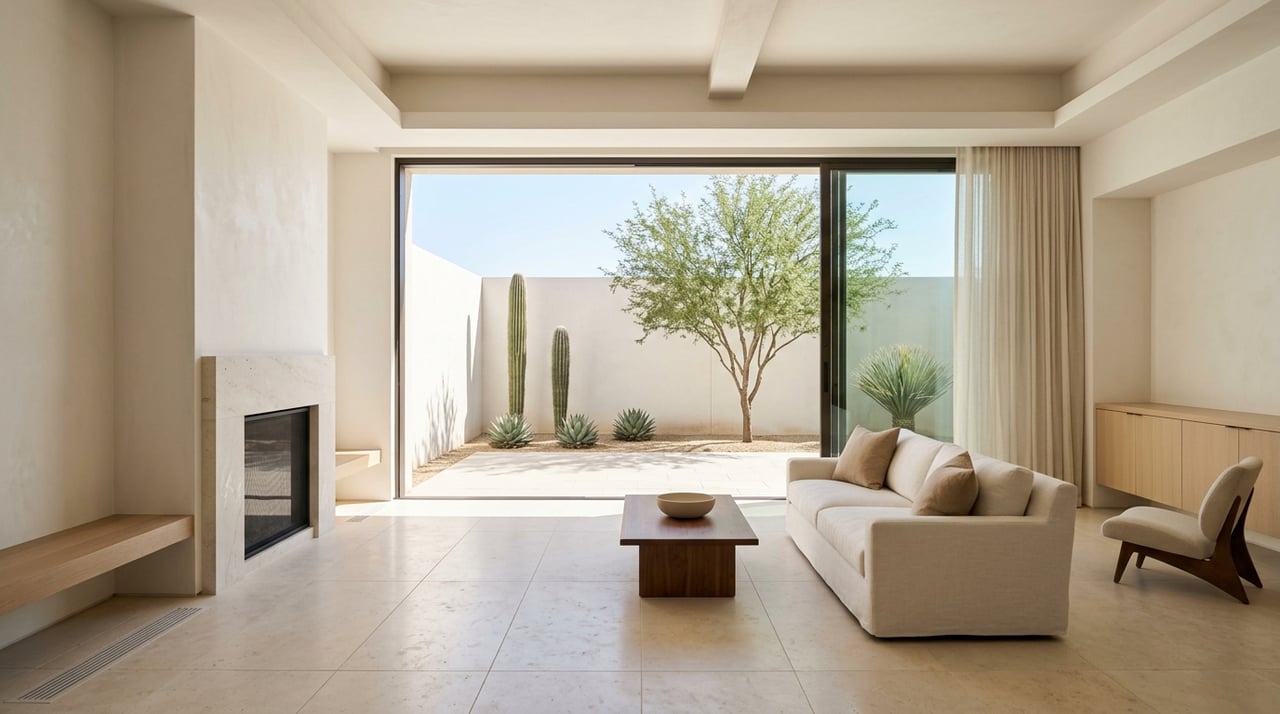 Great room with limestone fireplace, pale-oak furnishings, and glass doors opening to a courtyard with desert plants.