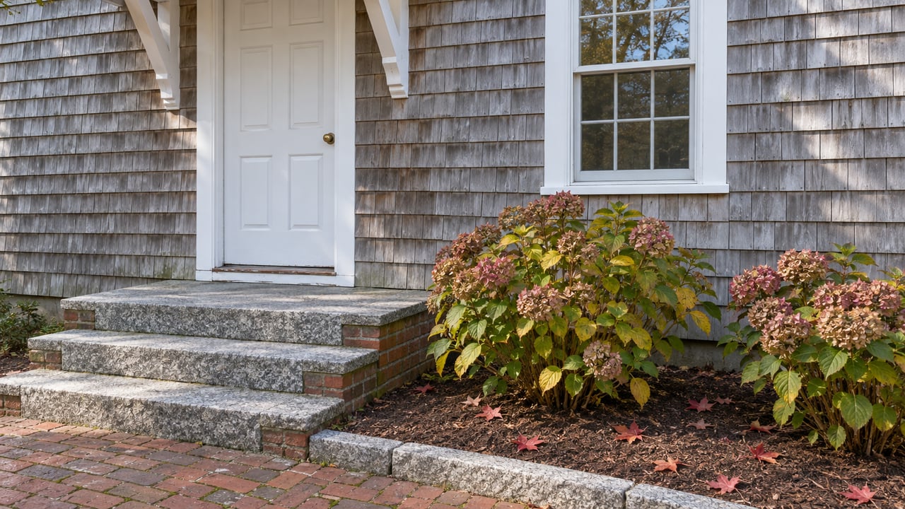 Weathered cedar-shingle home entry with a white door, granite steps, red-brick walk and faded hydrangea flowers.