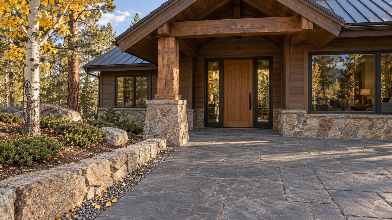 Autumn light on a timber-covered home entrance with granite piers, dark-framed glazing, and an aspen beside the stone approach.