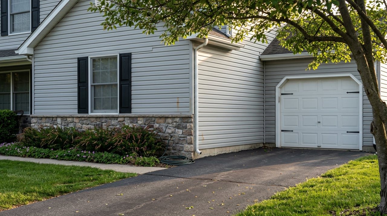 Suburban home corner with gray siding, fieldstone veneer, a carriage-style garage door, and a sunlit serviceberry tree.