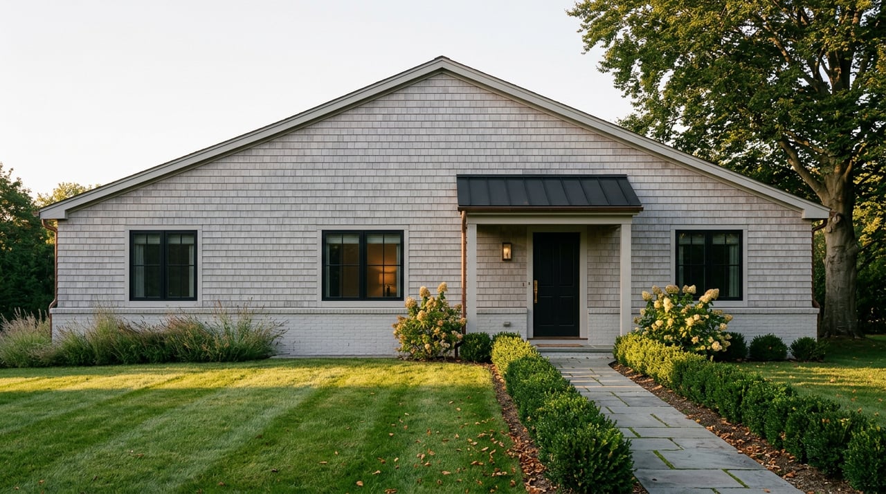 Shingle-and-brick house with black-framed windows, a curved stone walk, clipped hedges, and a large tree.