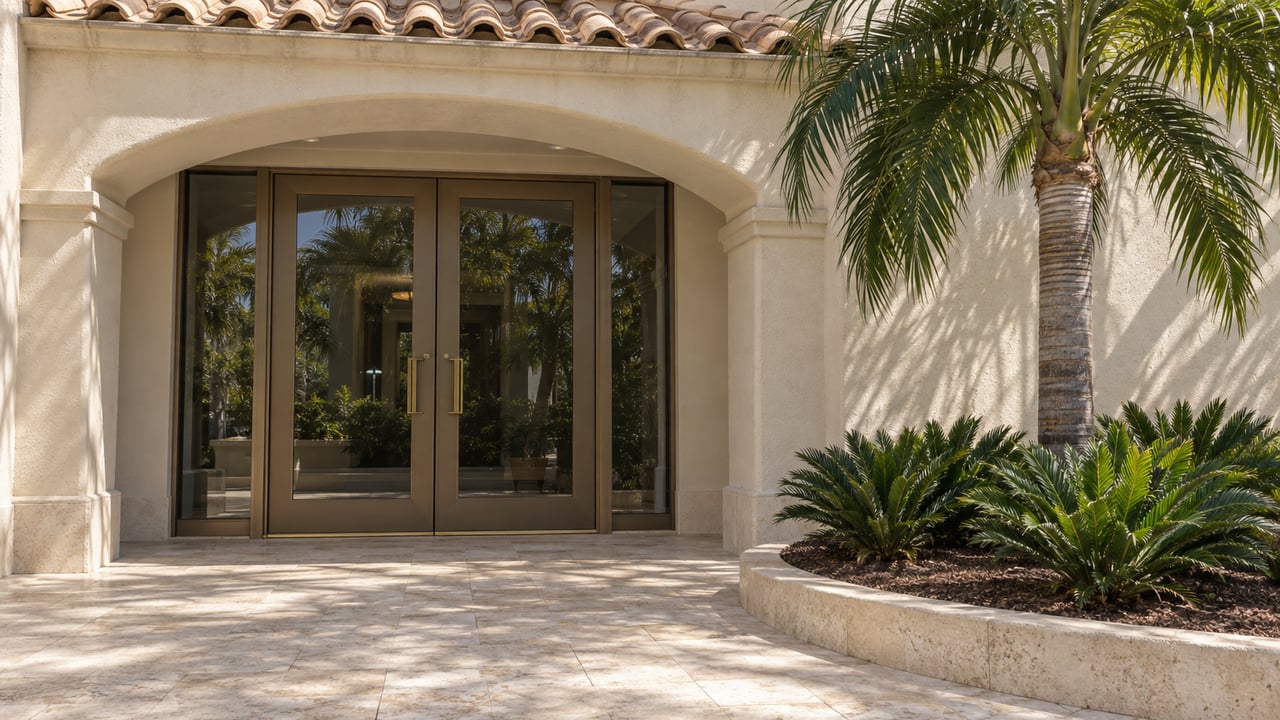 Sunlit ivory stucco condominium entry with arched bronze-framed glass doors, limestone paving and a specimen palm in a raised planting bed.