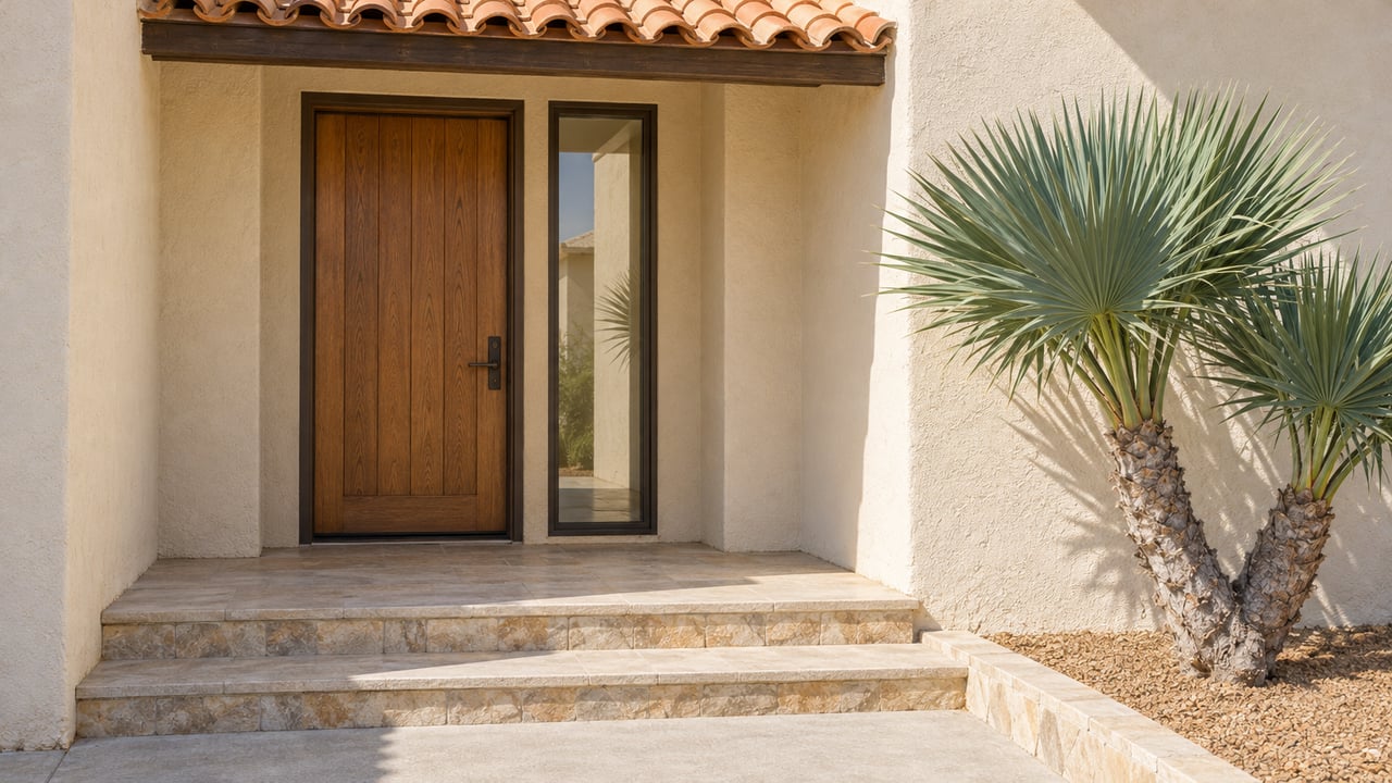 Sunlit stucco home entry with terracotta roof tiles, an oak door, stone steps and a sculptural fan aloe.