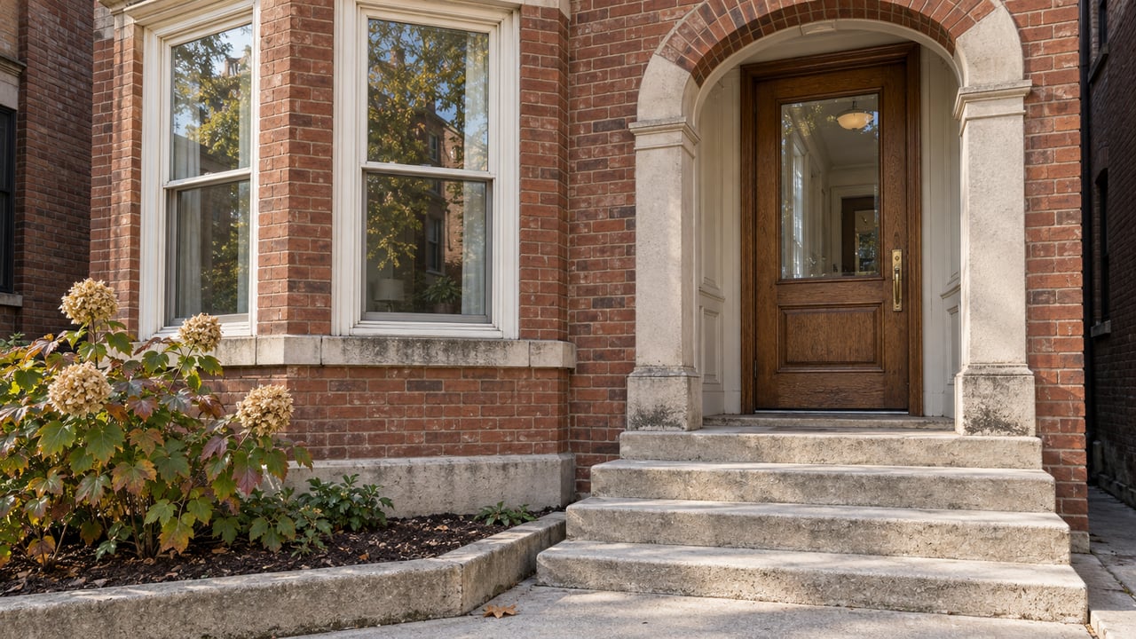 Autumn sunlight on a renovated brick home's oak entry, limestone stoop, and projecting windows beside an oakleaf hydrangea.