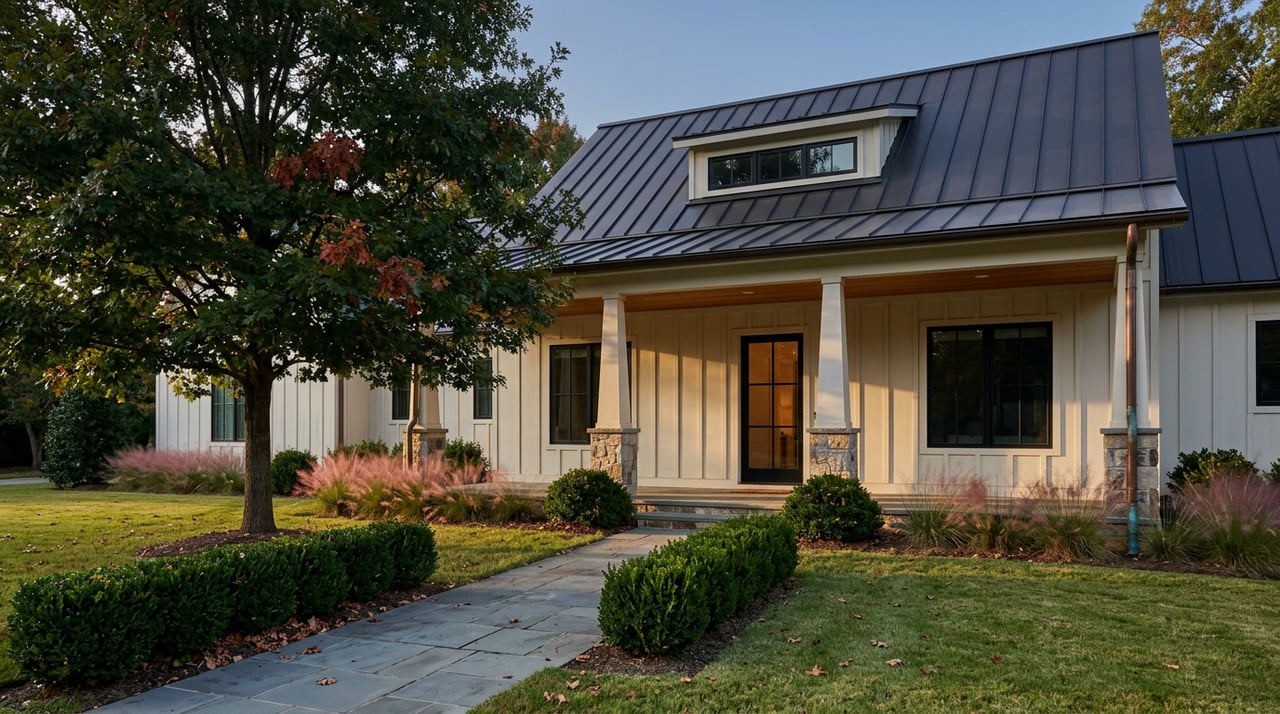 Modern farmhouse with off-white siding, a glass front door, stone columns, and a bluestone path lined with hedges.