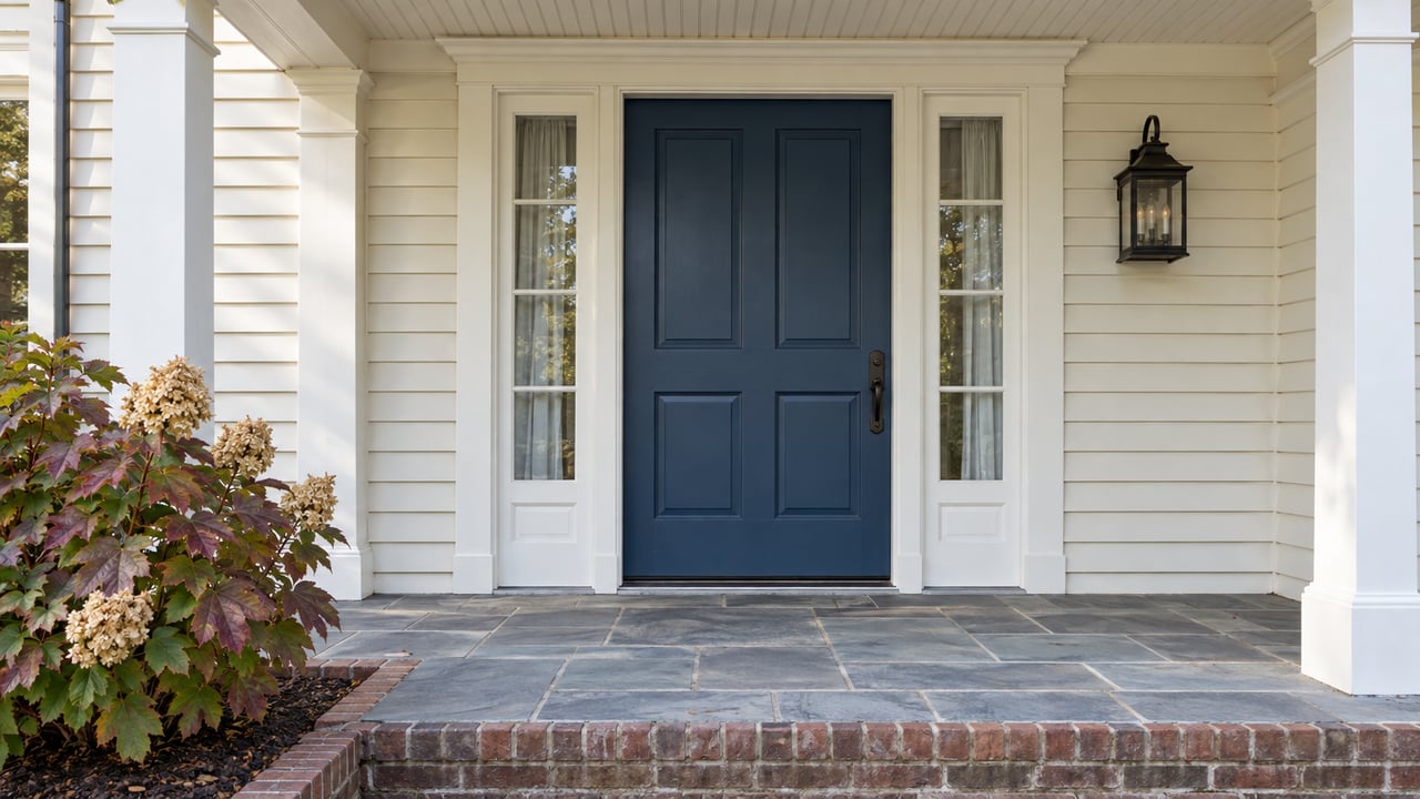 Covered clapboard home entry with a deep-blue door, paired sidelights, bluestone landing and autumn oakleaf hydrangea.