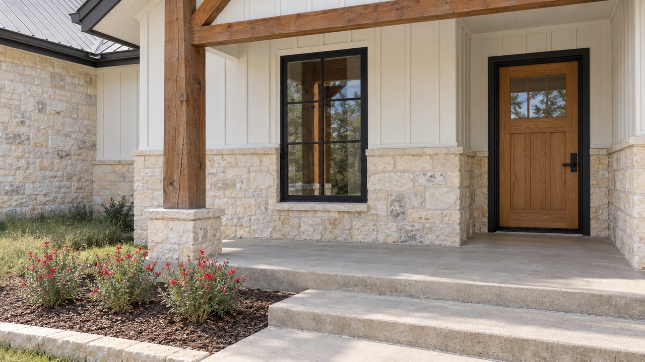 Covered entry with a cedar post, cream limestone walls, white siding, dark-framed window and oak front door above concrete steps.