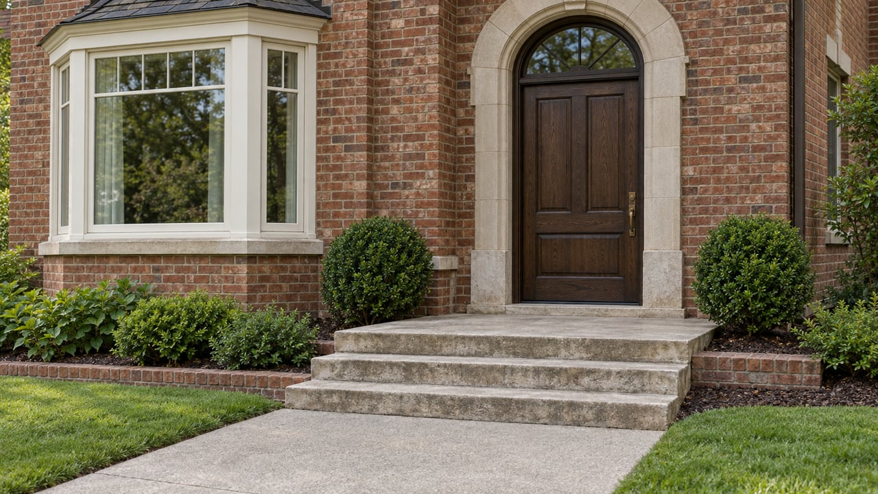 Brick home entrance with a limestone arch, oak door, bay window and worn stone steps beside two rounded boxwood shrubs.