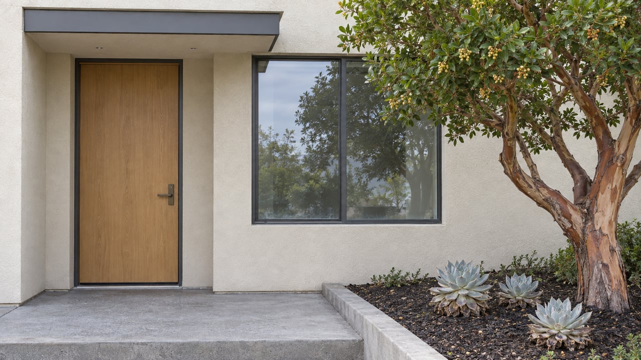 Cream stucco home entry with a recessed oak door, broad window, concrete landing and sculptural strawberry tree.
