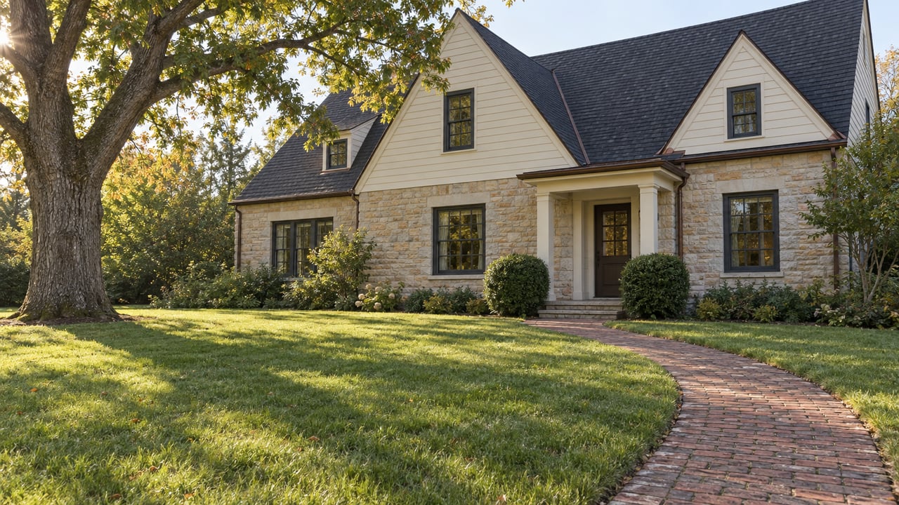 Detached stone-and-clapboard house set beyond a broad lawn, with a curved brick walk and mature oak.